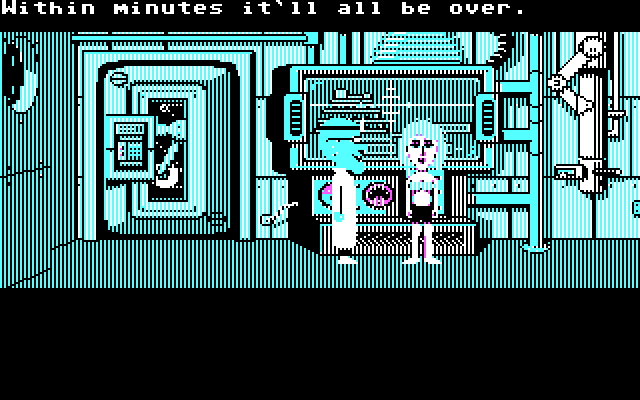 Maniac Mansion IBM PC/Compatibles Screenshot: A cutscene...Sandy is in trouble!
