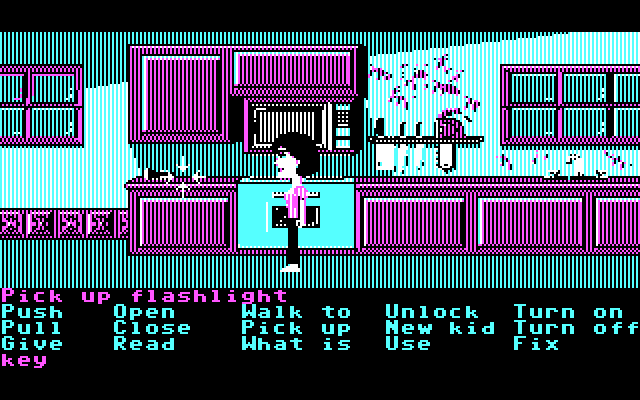 Maniac Mansion IBM PC/Compatibles Screenshot: Why is there a chainsaw in the kitchen?