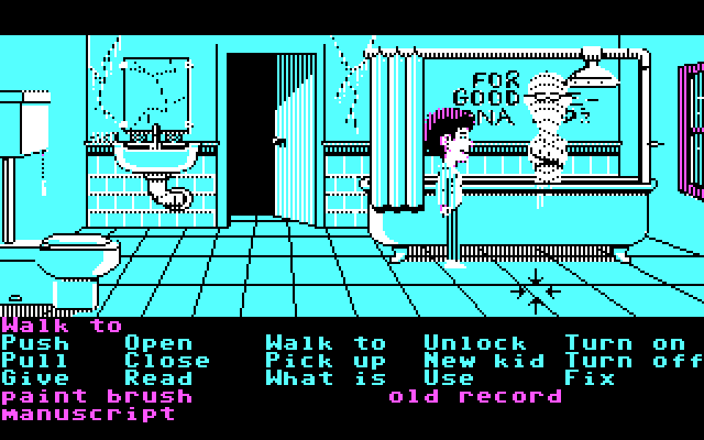 Maniac Mansion IBM PC/Compatibles Screenshot: Why is there a mummy in the shower?
