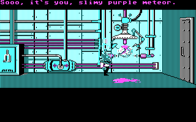 Maniac Mansion IBM PC/Compatibles Screenshot: The meteor police arrest the purple meteor...