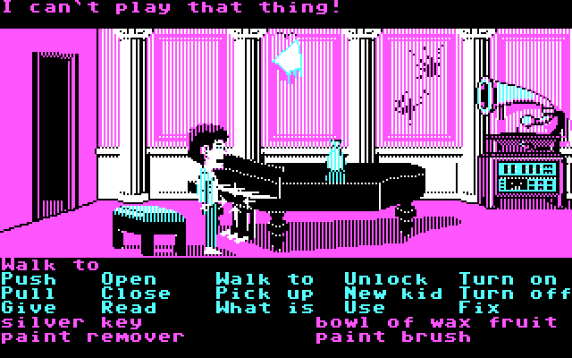Maniac Mansion IBM PC/Compatibles Screenshot: Only some characters can play the piano; Dave isn't one of them!