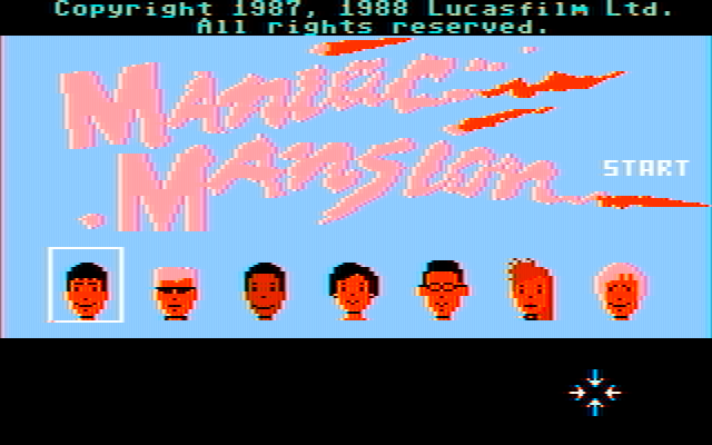 Maniac Mansion IBM PC/Compatibles Screenshot: Title screen; select two additional characters to start the game.