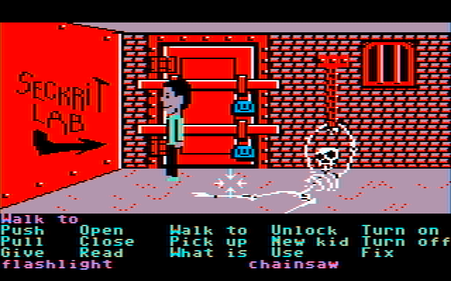Maniac Mansion IBM PC/Compatibles Screenshot: Ah hah! The seckrit lab! Now, how can I open that door?