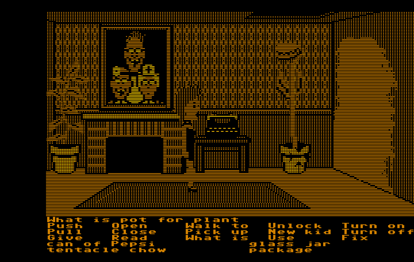 Maniac Mansion IBM PC/Compatibles Screenshot: A giant man eating plant! What a thing to have for decoration...