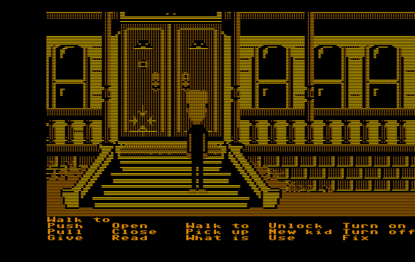 Maniac Mansion IBM PC/Compatibles Screenshot: The front door; if only I could find a key somewhere...