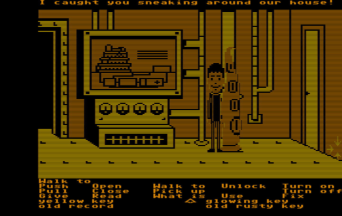 Maniac Mansion IBM PC/Compatibles Screenshot: Caught sneaking around the house!