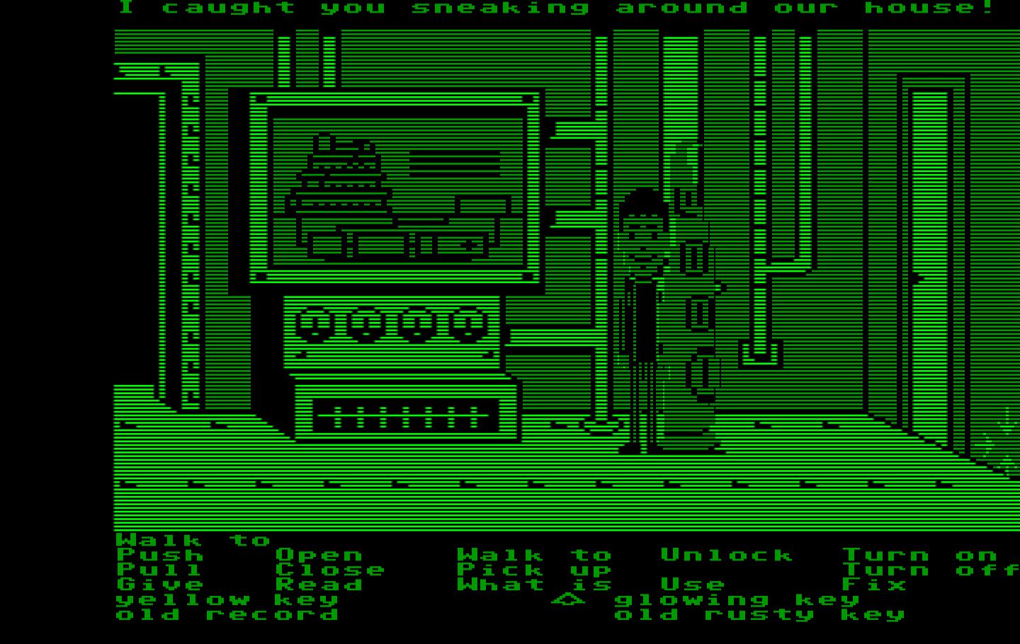 Maniac Mansion IBM PC/Compatibles Screenshot: Caught sneaking around the house!