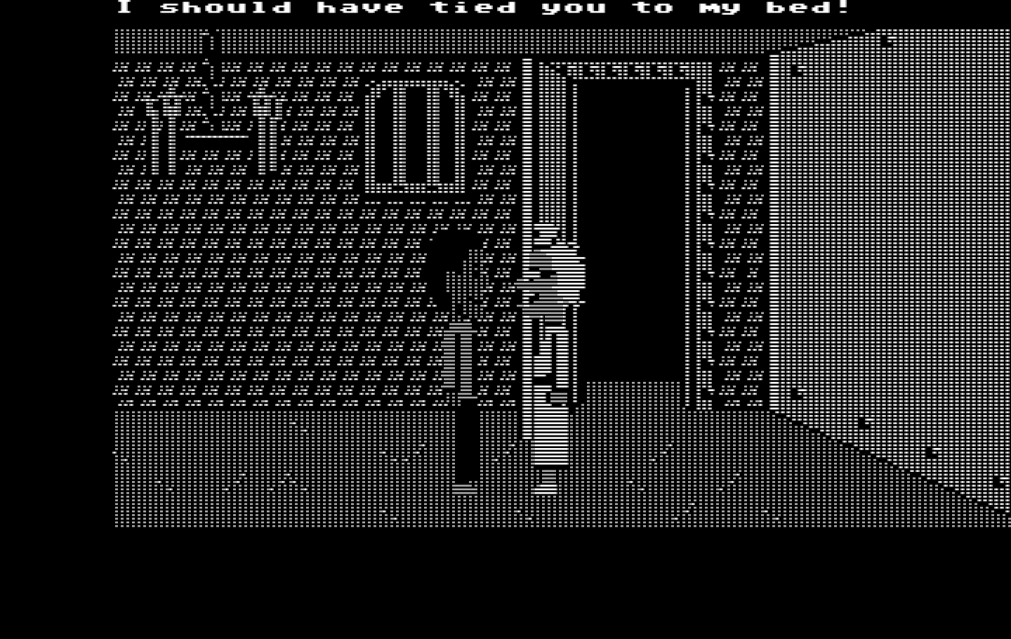 Maniac Mansion IBM PC/Compatibles Screenshot: Nurse Edna throws Michael in the dungeon.
