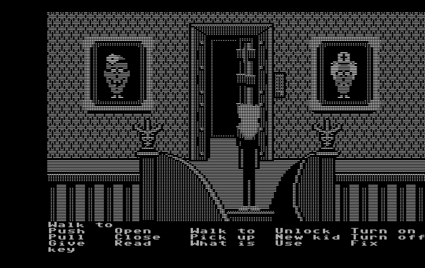 Maniac Mansion IBM PC/Compatibles Screenshot: Oh good, the copy protection security door is open!