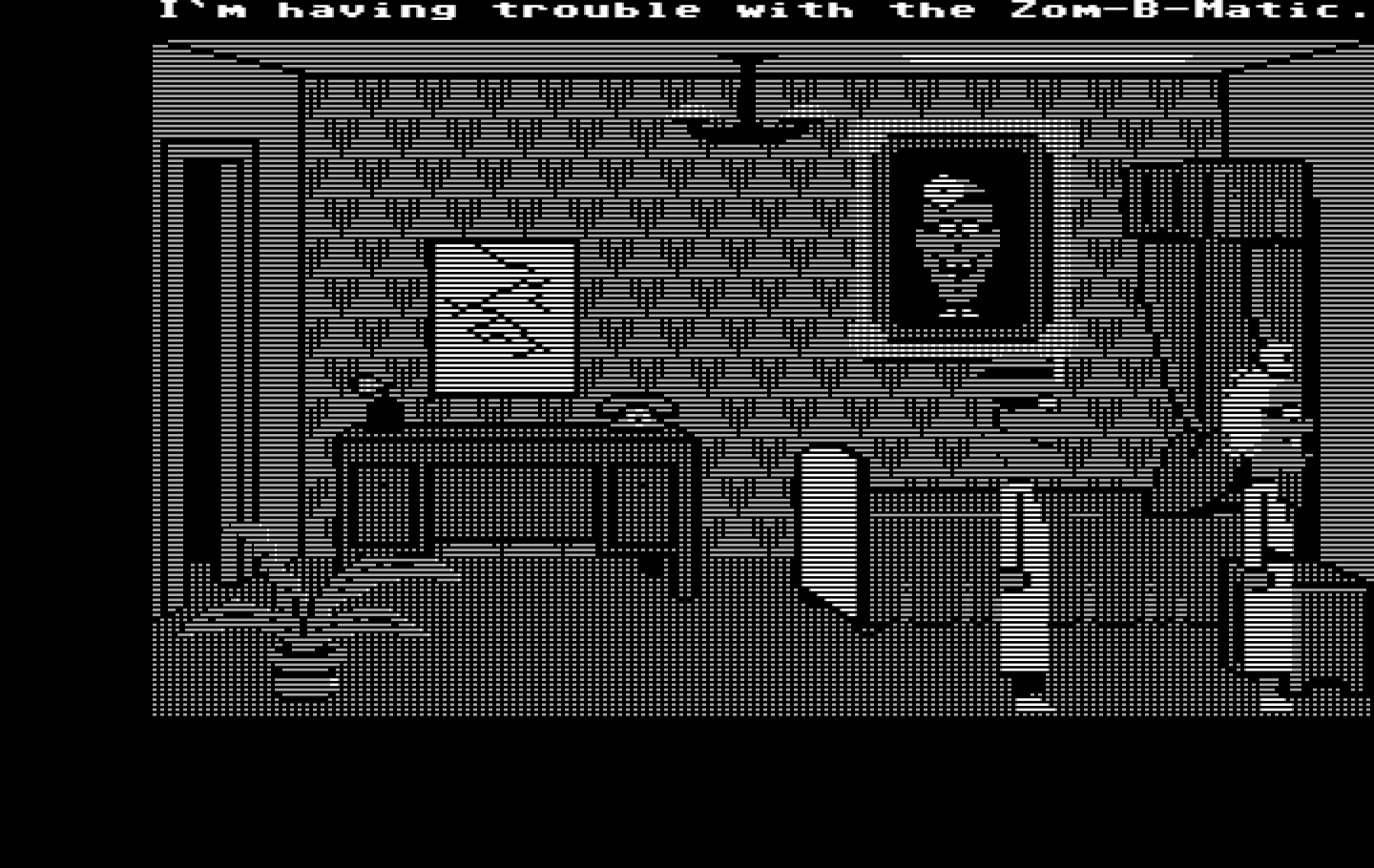 Maniac Mansion IBM PC/Compatibles Screenshot: Trouble with the Zom-B-Matic? Oh good, that can buy some time!