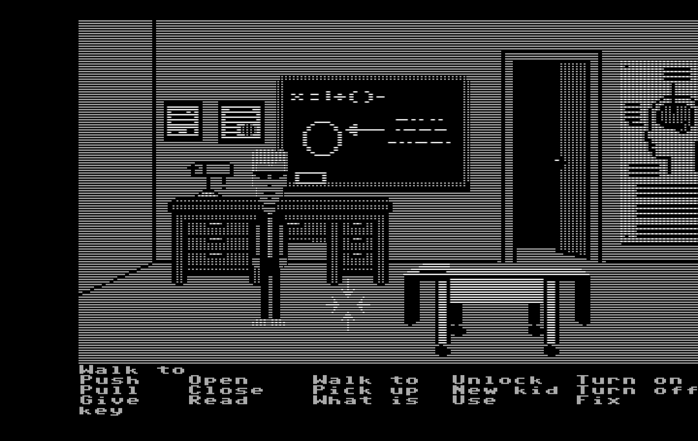 Maniac Mansion IBM PC/Compatibles Screenshot: I should search this laboratory for useful items...