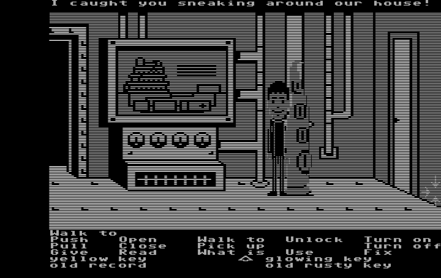Maniac Mansion IBM PC/Compatibles Screenshot: Caught sneaking around the house!