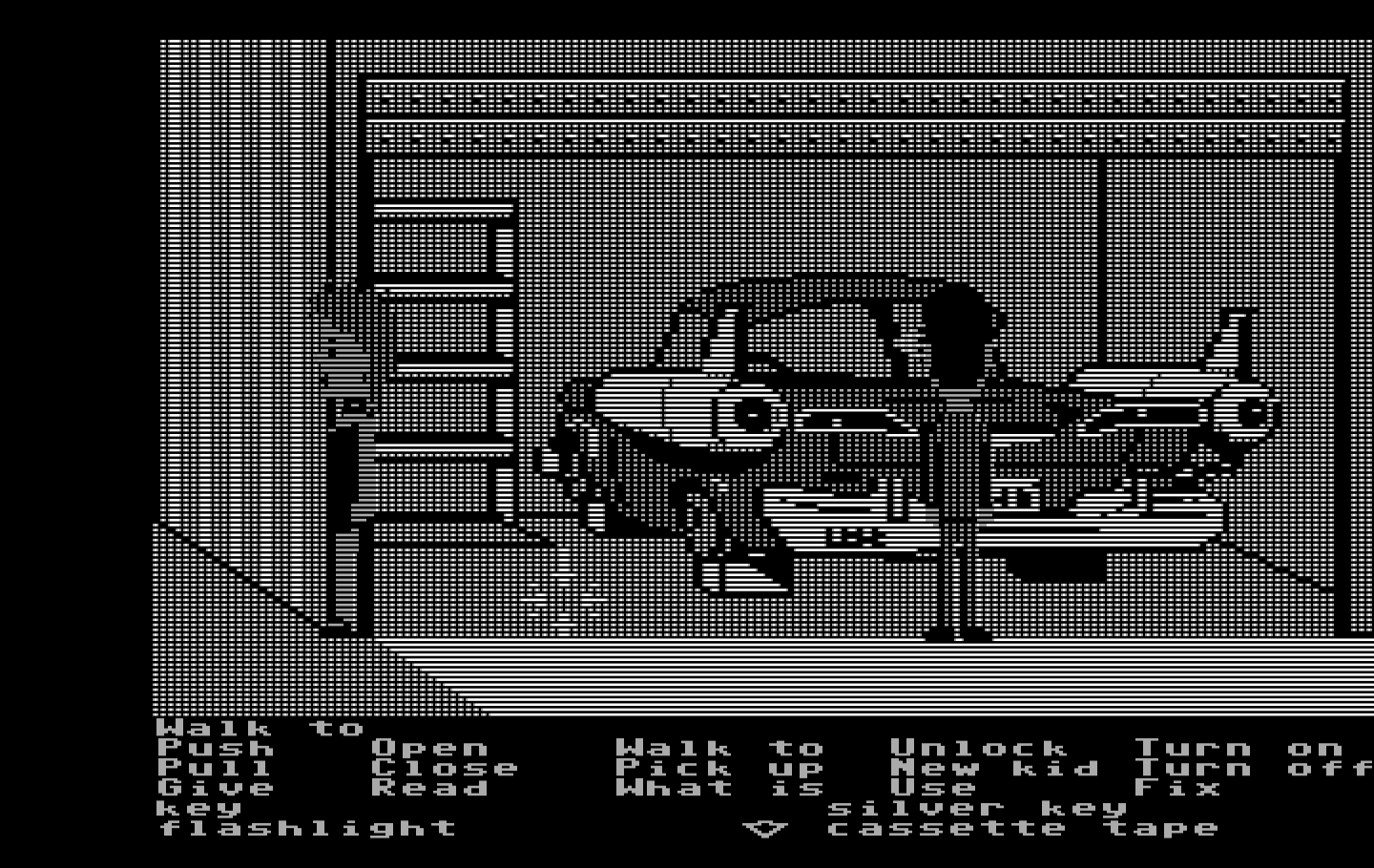 Maniac Mansion IBM PC/Compatibles Screenshot: Check out this weird car in the garage...
