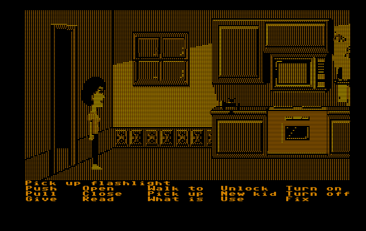Maniac Mansion IBM PC/Compatibles Screenshot: Meanwhile, let's pick up some items in the kitchen...