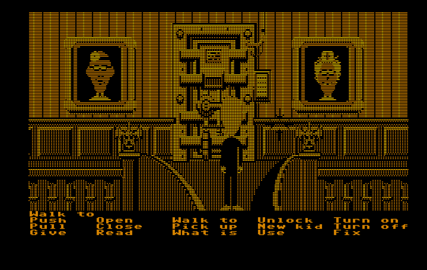 Maniac Mansion IBM PC/Compatibles Screenshot: Drat, the security door is locked; I'll need to the copy protection sheet to open it.