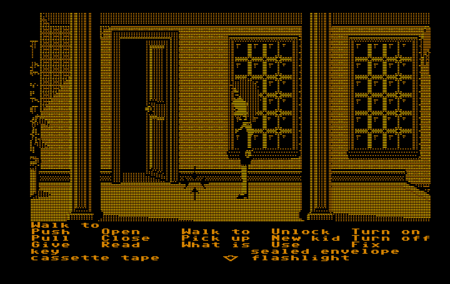 Maniac Mansion IBM PC/Compatibles Screenshot: Next level up; that door leads to the dark room.