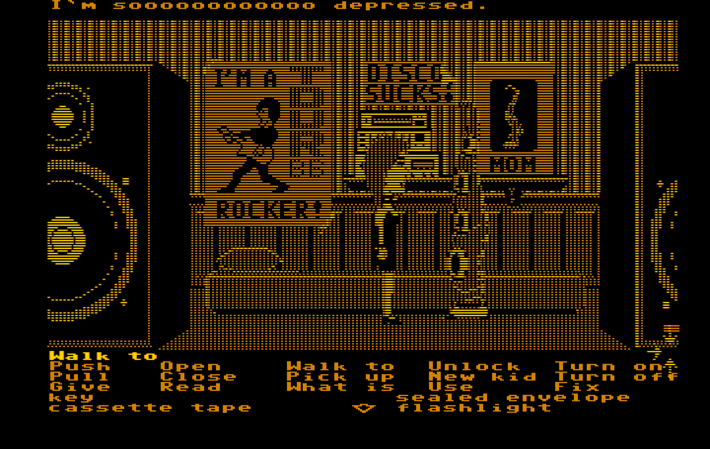 Maniac Mansion IBM PC/Compatibles Screenshot: Green tentacle is so depressed! Can you help?