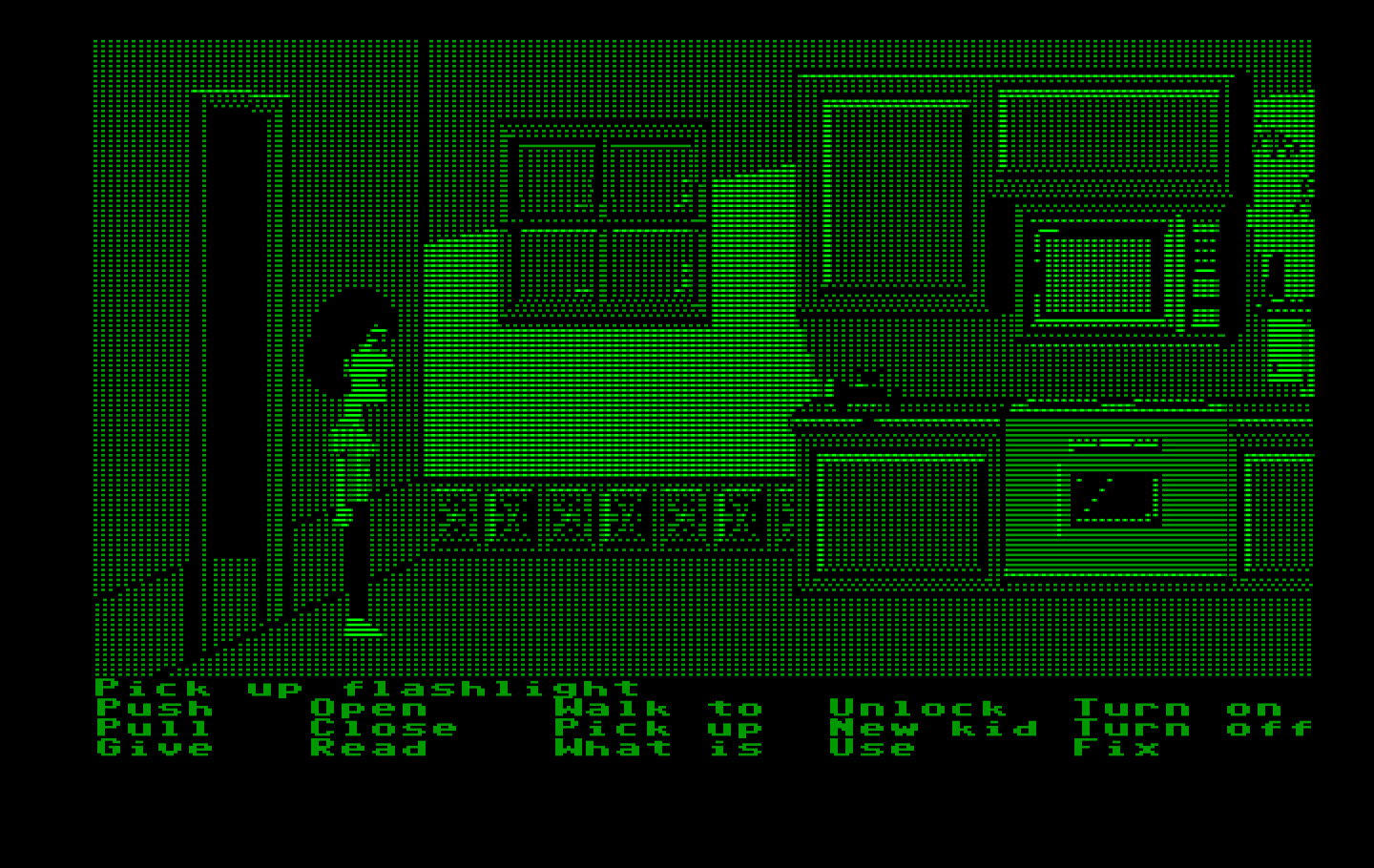 Maniac Mansion IBM PC/Compatibles Screenshot: Meanwhile, let's pick up some items in the kitchen...