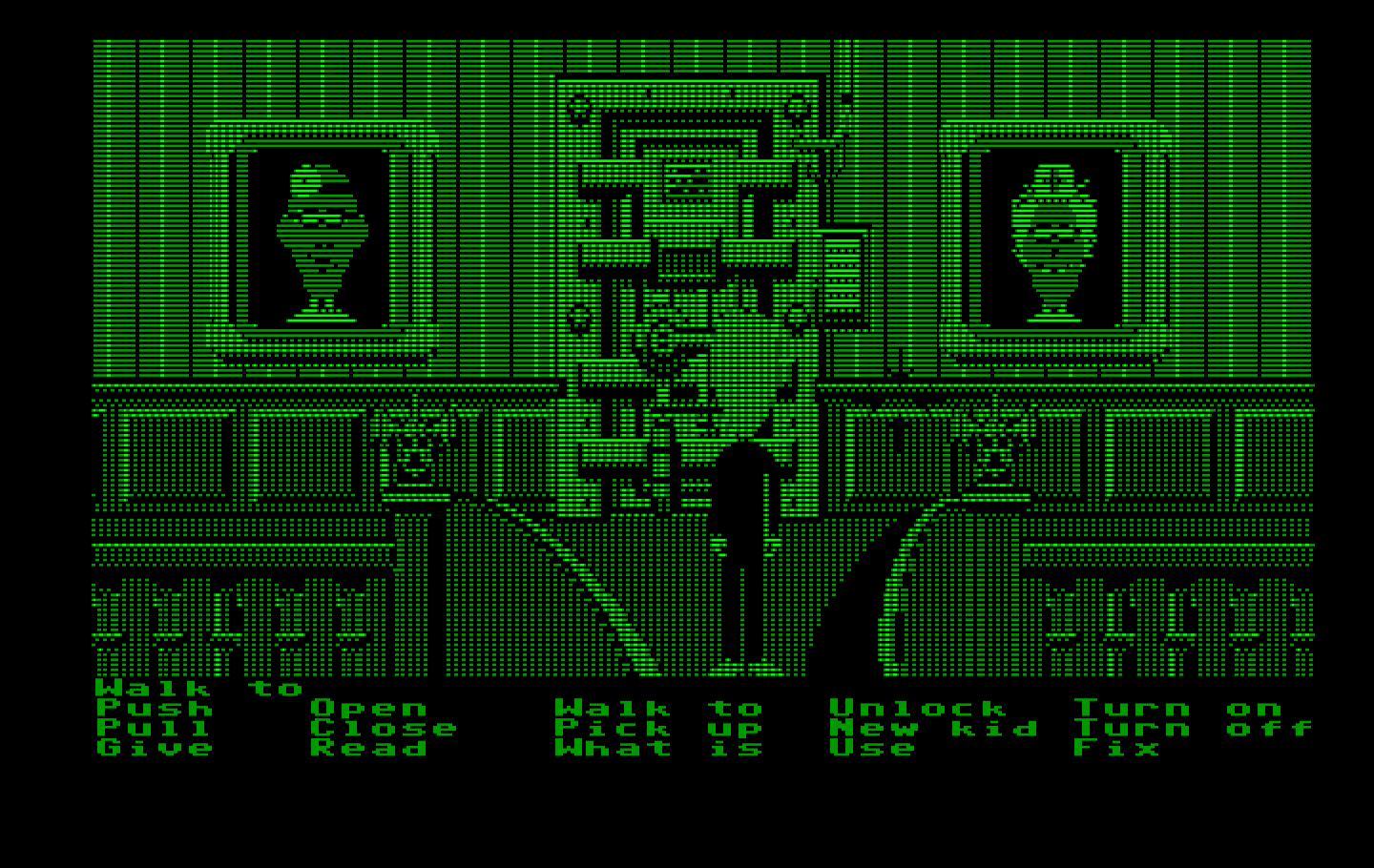 Maniac Mansion IBM PC/Compatibles Screenshot: Drat, the security door is locked; I'll need to the copy protection sheet to open it.