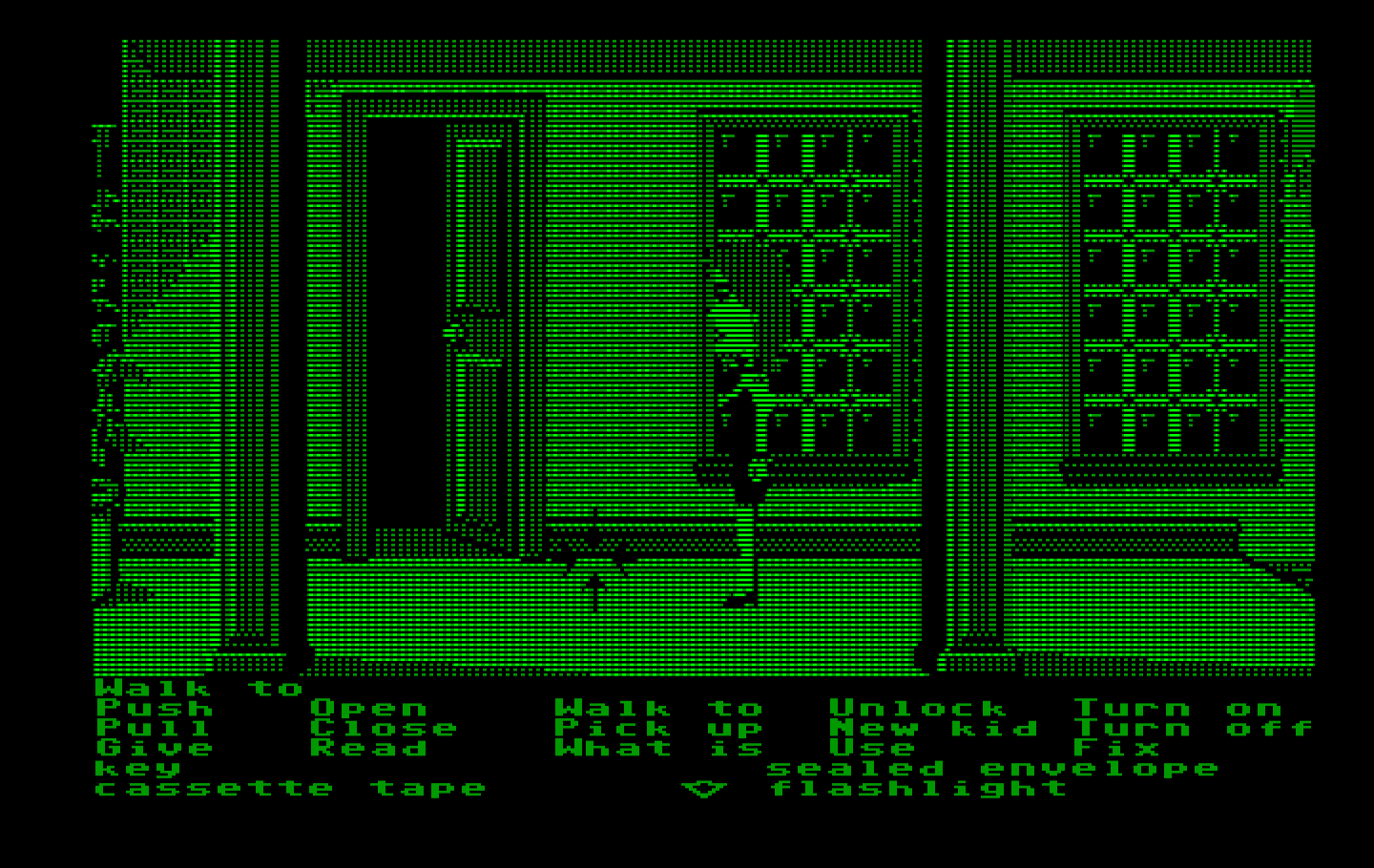 Maniac Mansion IBM PC/Compatibles Screenshot: Next level up; that door leads to the dark room.