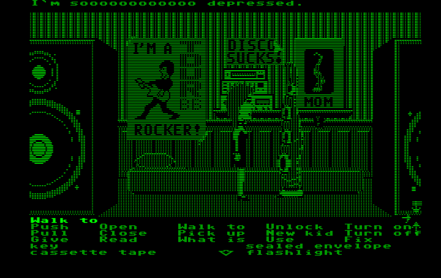 Maniac Mansion IBM PC/Compatibles Screenshot: Green tentacle is so depressed! Can you help?