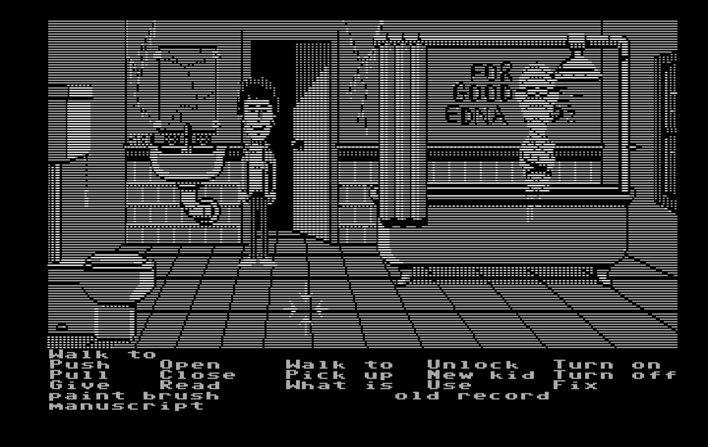 Maniac Mansion IBM PC/Compatibles Screenshot: There's a mummy in the shower!