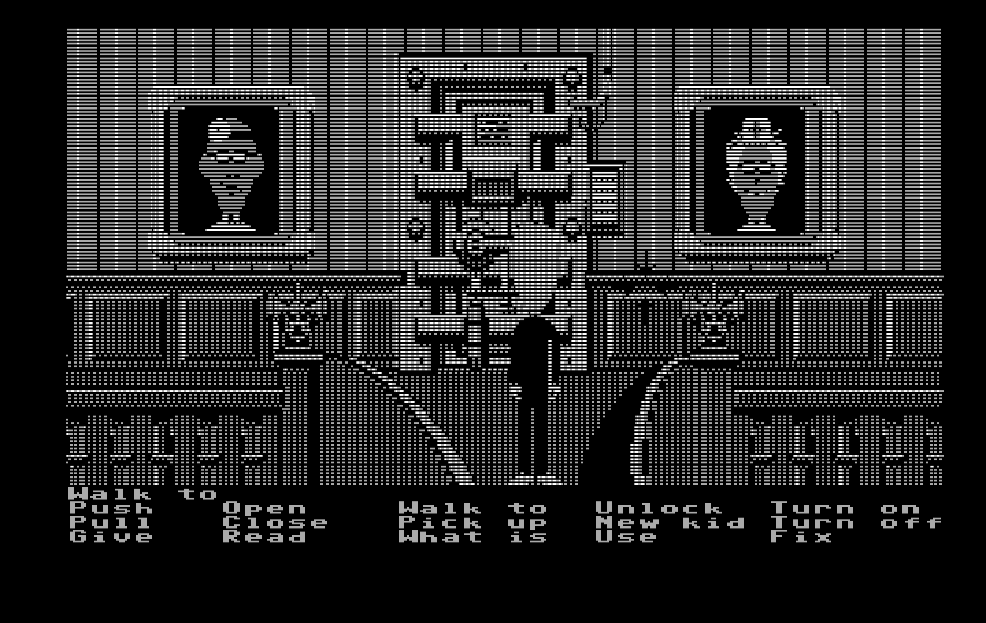 Maniac Mansion IBM PC/Compatibles Screenshot: Drat, the security door is locked; I'll need to the copy protection sheet to open it.