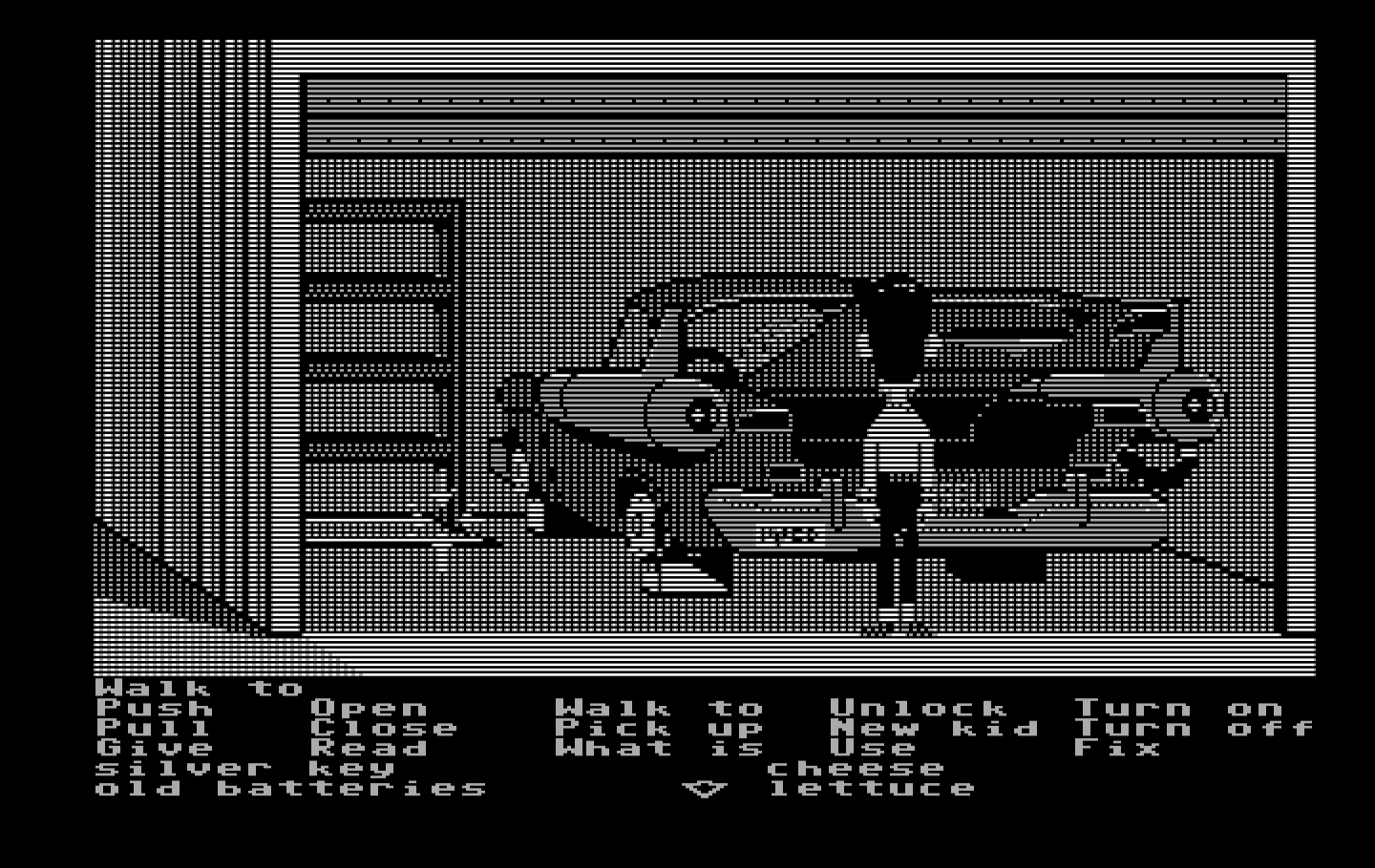 Maniac Mansion IBM PC/Compatibles Screenshot: Meanwhile, Bernard found an interesting car...