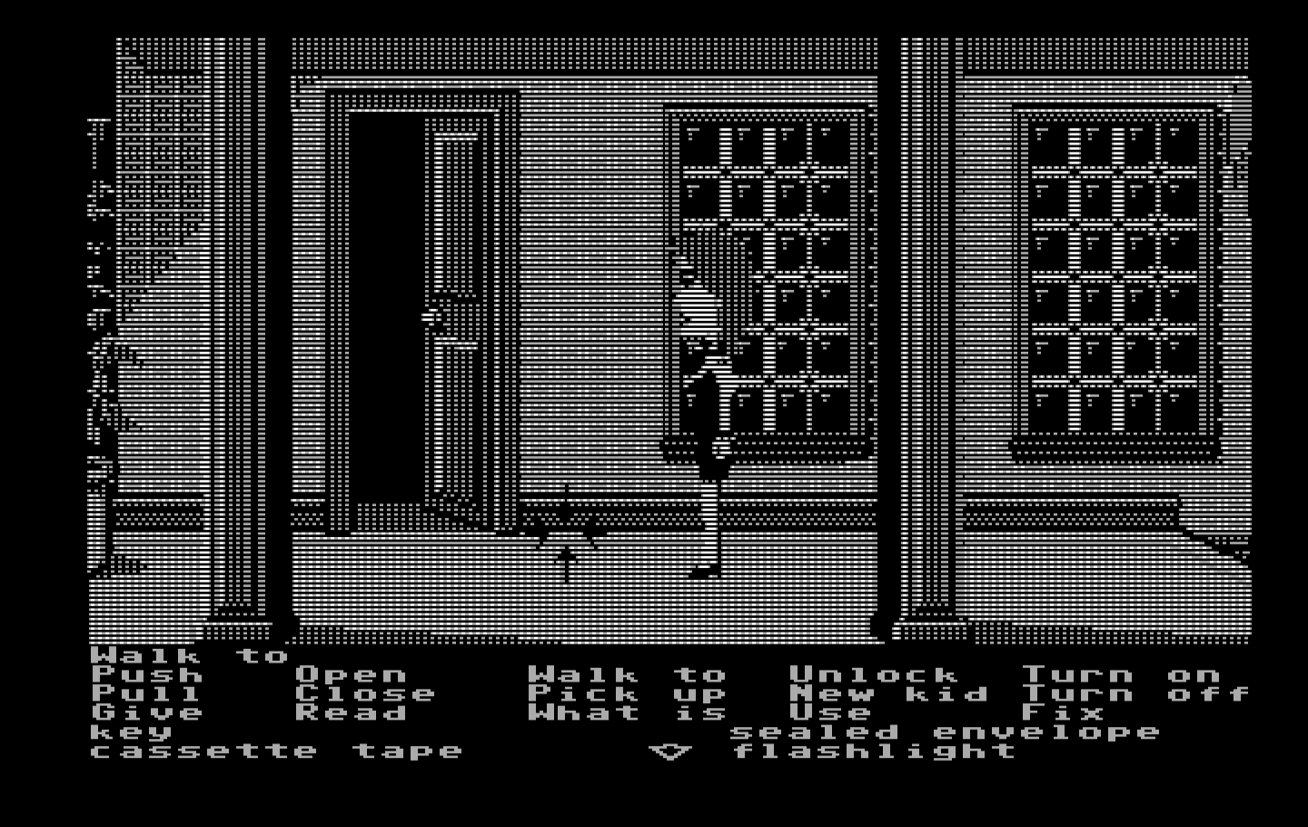 Maniac Mansion IBM PC/Compatibles Screenshot: Next level up; that door leads to the dark room.