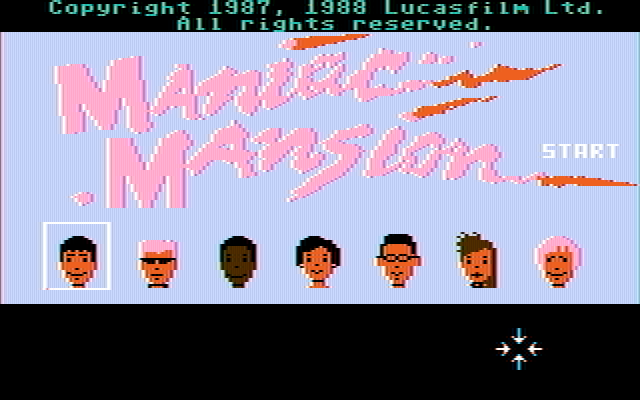Maniac Mansion IBM PC/Compatibles Screenshot: Title screen; select two additional characters to start the game.