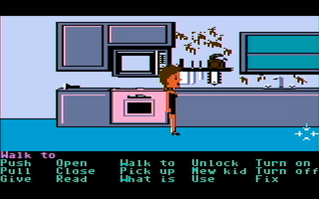 Maniac Mansion IBM PC/Compatibles Screenshot: Why is there a chainsaw in the kitchen?