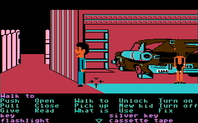 Maniac Mansion IBM PC/Compatibles Screenshot: Examining the car in the garage...
