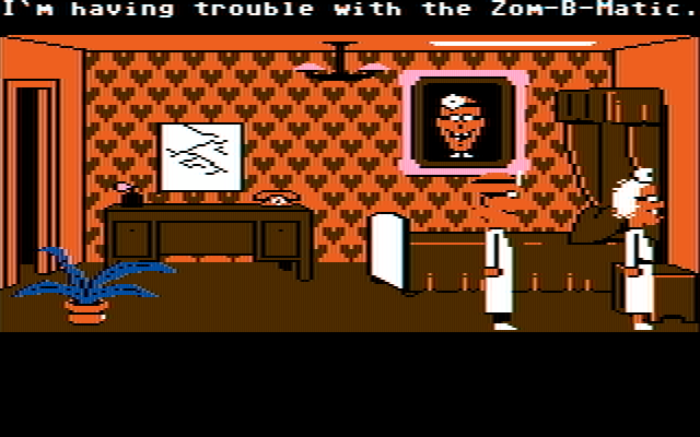 Maniac Mansion IBM PC/Compatibles Screenshot: Dr. Fred is having trouble with the Zom-B-Matic?!