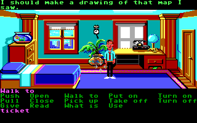 Zak McKracken and the Alien Mindbenders IBM PC/Compatibles Screenshot: The game begins in Zak's bedroom.