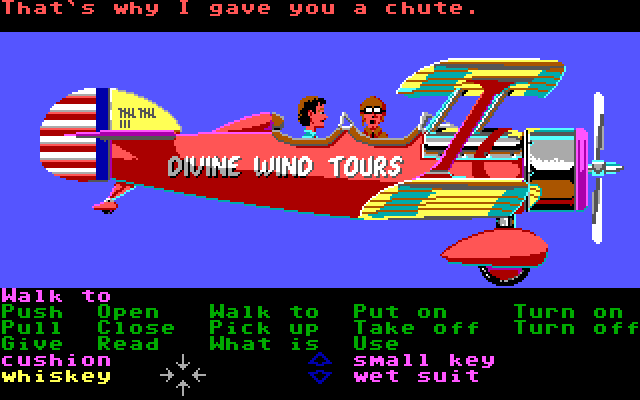 Zak McKracken and the Alien Mindbenders IBM PC/Compatibles Screenshot: Flying...good thing I have a parachute now!