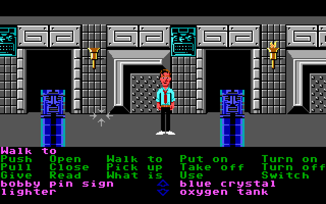 Zak McKracken and the Alien Mindbenders IBM PC/Compatibles Screenshot: Light the torches to see, then pick a door!