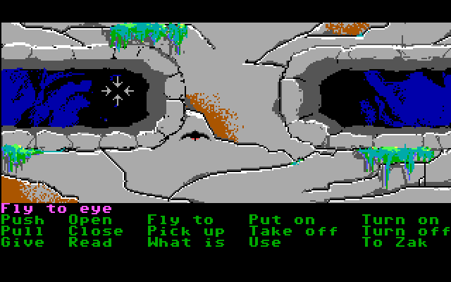Zak McKracken and the Alien Mindbenders IBM PC/Compatibles Screenshot: In bird form flying towards a giant temple eye...