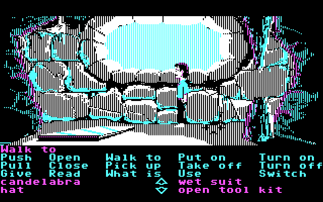 Zak McKracken and the Alien Mindbenders IBM PC/Compatibles Screenshot: Zak teleports into a cave to gather some items.
