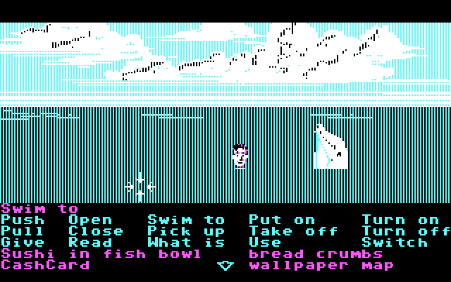 Zak McKracken and the Alien Mindbenders IBM PC/Compatibles Screenshot: Fell into the water...maybe this dolphin can help?