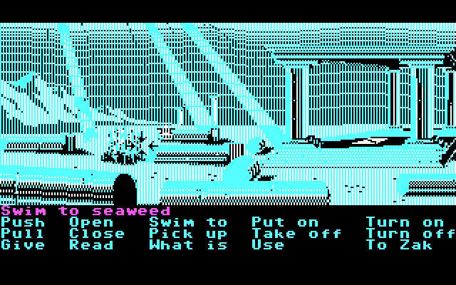 Zak McKracken and the Alien Mindbenders IBM PC/Compatibles Screenshot: Using the blue crystal you can control the dolphin to swim underwater.