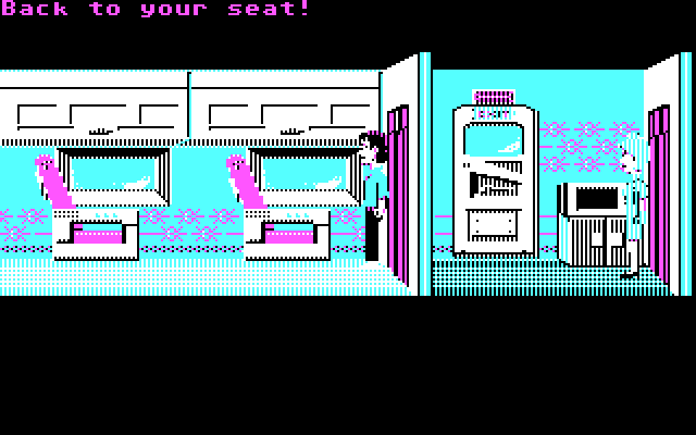 Zak McKracken and the Alien Mindbenders IBM PC/Compatibles Screenshot: On board a flight...the stewardess doesn't like Zak...