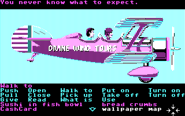 Zak McKracken and the Alien Mindbenders IBM PC/Compatibles Screenshot: Flying in a biplane through the Bermuda Triangle, what could happen?