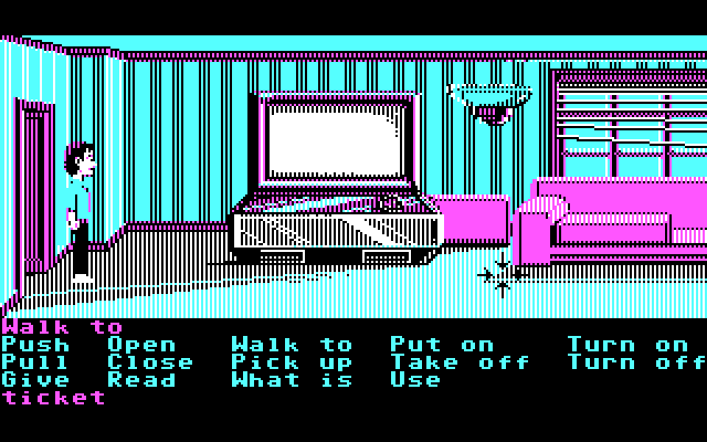 Zak McKracken and the Alien Mindbenders IBM PC/Compatibles Screenshot: Zak's living room with a really big screen t.v.!