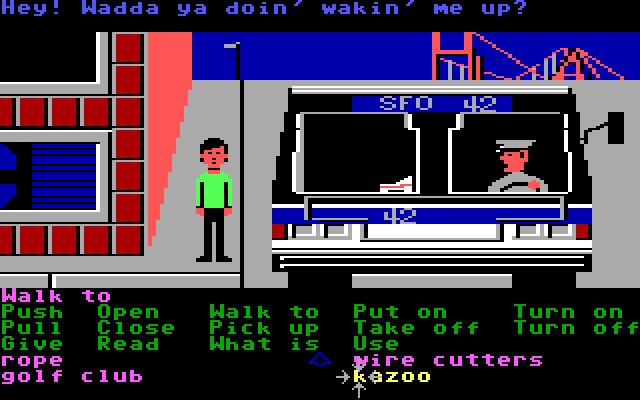 Zak McKracken and the Alien Mindbenders IBM PC/Compatibles Screenshot: The bus driver was asleep, so I woke him up.
