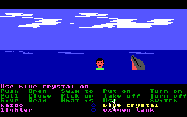Zak McKracken and the Alien Mindbenders IBM PC/Compatibles Screenshot: Landed in the ocean...can this dolphin help?