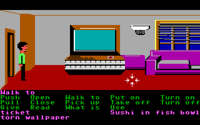 Zak McKracken and the Alien Mindbenders IBM PC/Compatibles Screenshot: Zak's living room, featuring a really big screen T.V.