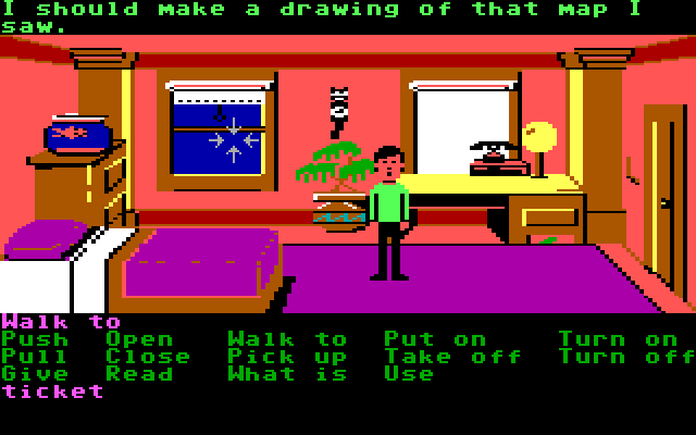 Zak McKracken and the Alien Mindbenders IBM PC/Compatibles Screenshot: The game begins in Zak's bedroom.