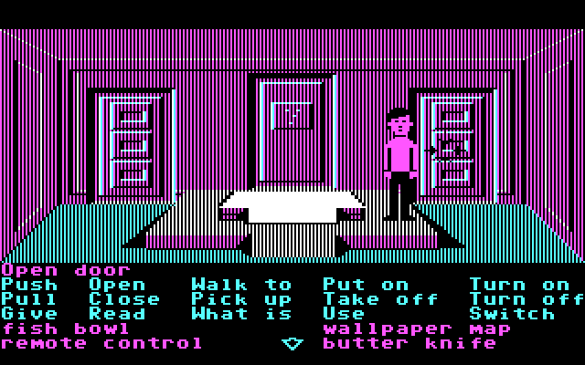 Zak McKracken and the Alien Mindbenders IBM PC/Compatibles Screenshot: How do I get out of here? Just opening the door probably won't work...