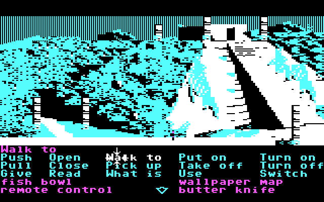 Zak McKracken and the Alien Mindbenders IBM PC/Compatibles Screenshot: Outside a pyramid, Time to start one of the mazes in the game...