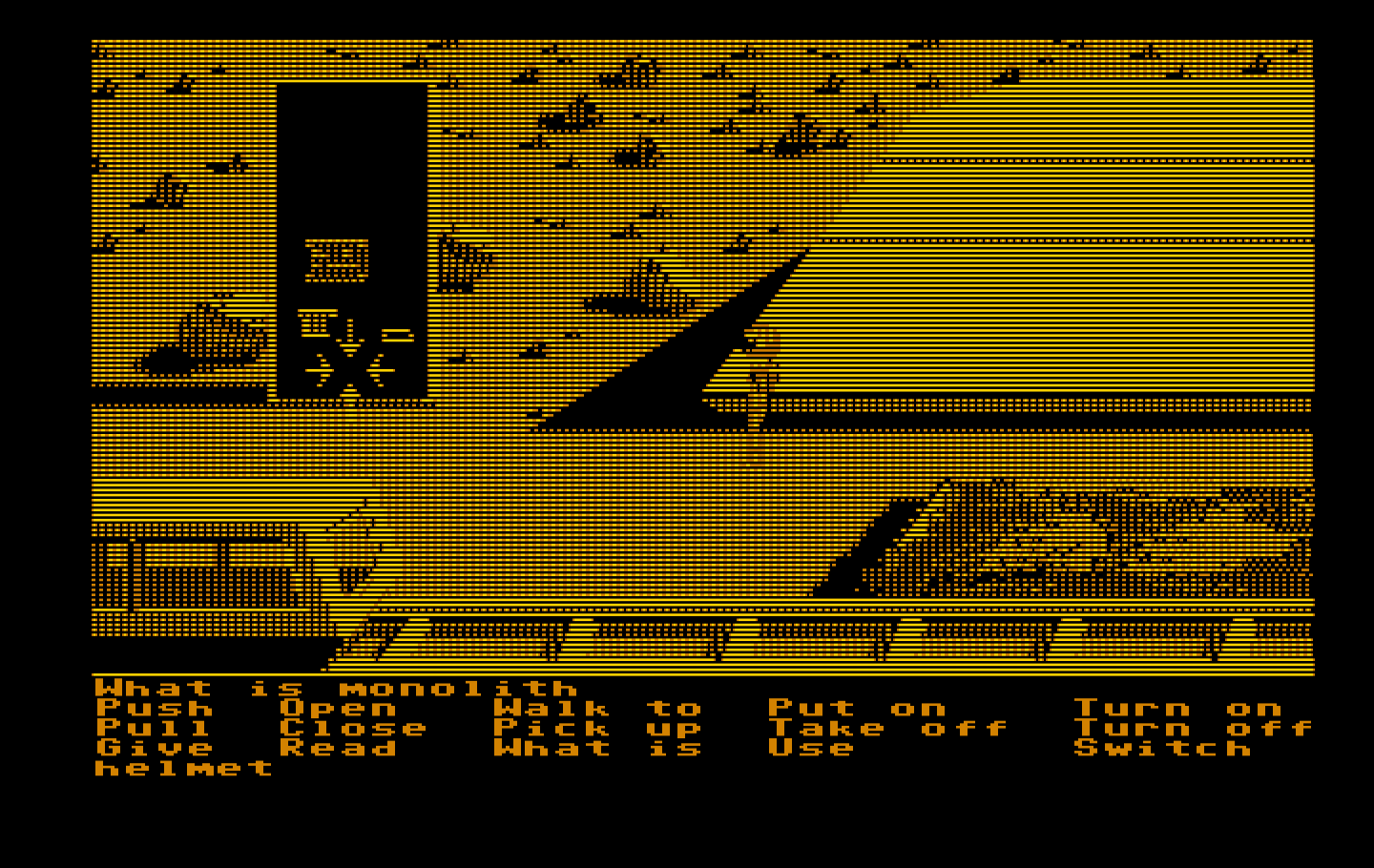 Zak McKracken and the Alien Mindbenders IBM PC/Compatibles Screenshot: One of our Yale coeds discovers a monolith...